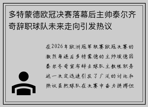 多特蒙德欧冠决赛落幕后主帅泰尔齐奇辞职球队未来走向引发热议